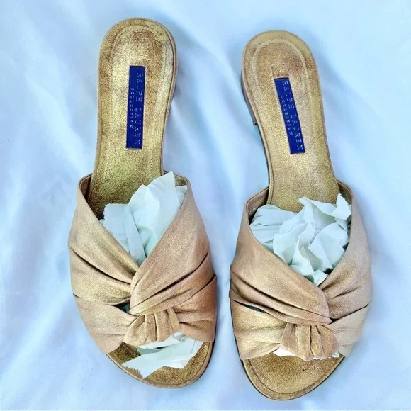 RALPH LAUREN PURPLE LABELKNOTTED GOLD LEATHER METALLIC SLIDE SANDAL SIZE 6.5